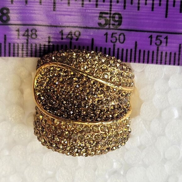 Two Tone Gold and Amber Color Wide Ring Concave Design with Rhinestones Size 6.5 - Picture 12 of 14